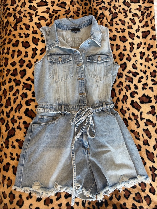 Vici Pants - VICI Light Wash Denim Sleeveless Romper with Tie Waist